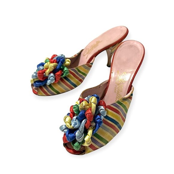 Vintage Schiaparelli Rainbow Satin Heels –1950s 60s Mules with Ribbon Rosette, - Picture 13 of 16